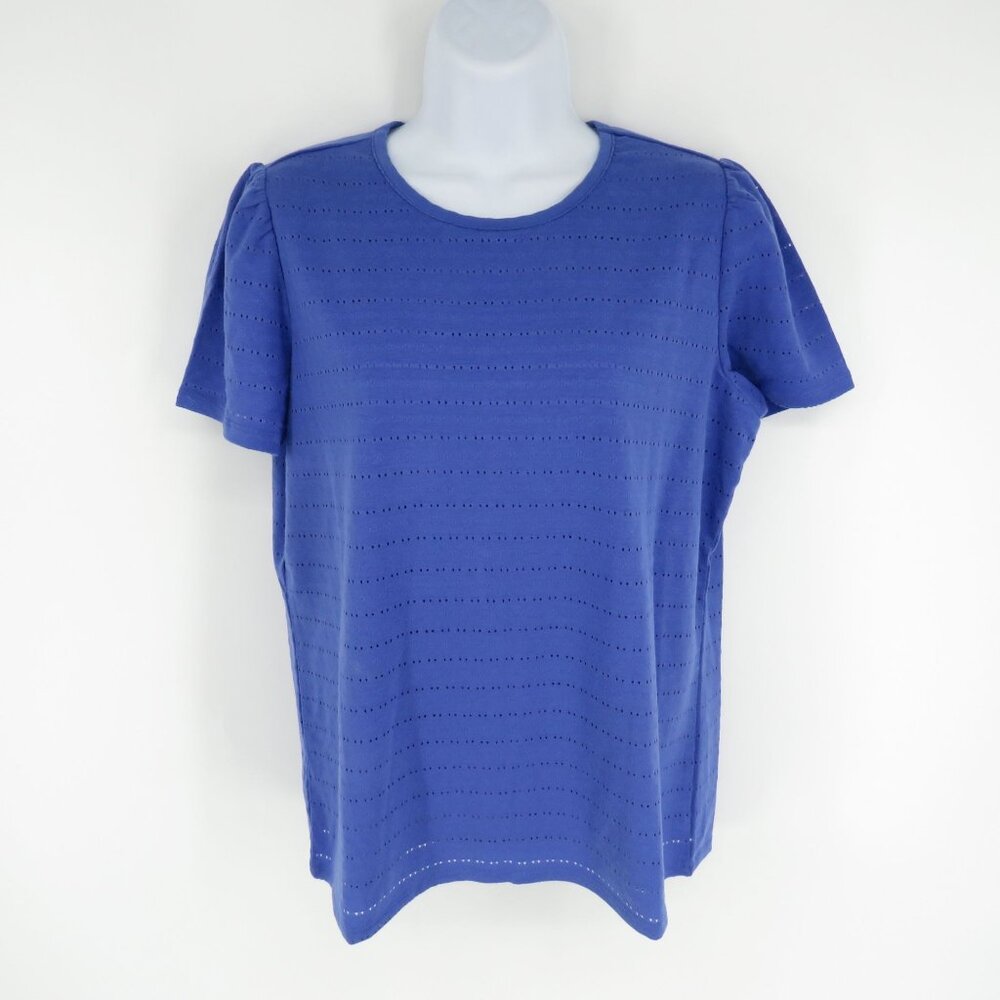 Rafaella Women's Short Sleeve Holey Moley Blue Tee M NWT $59